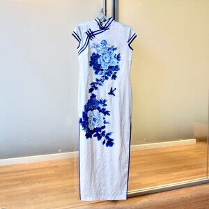 White Blue Peony Flora Qipao Long Dress - Chinese Cheongsam